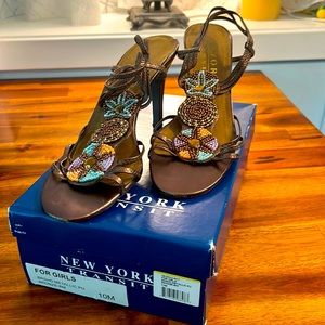 Bronze Beaded, Strappy Heeled Sandals, Size 10